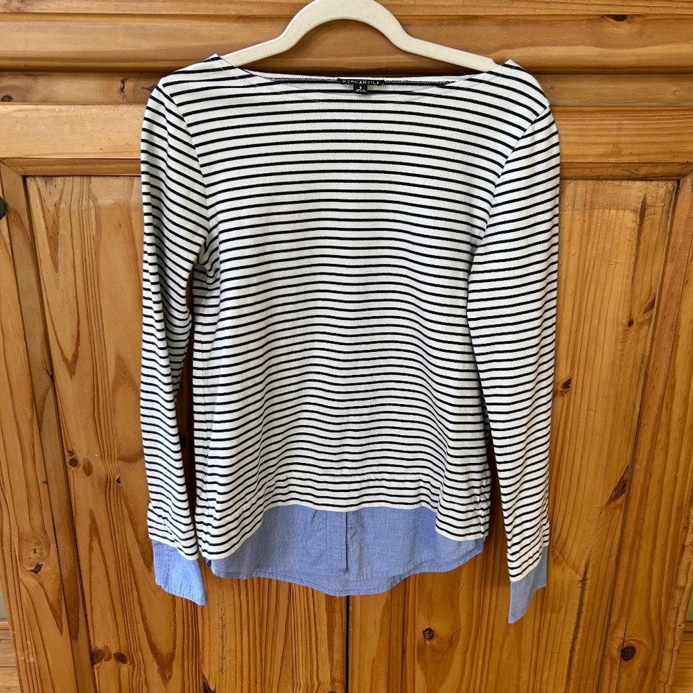 J Crew Mercantile Top Striped Boatneck Layered 100% Cotton Shirt Wmn Small